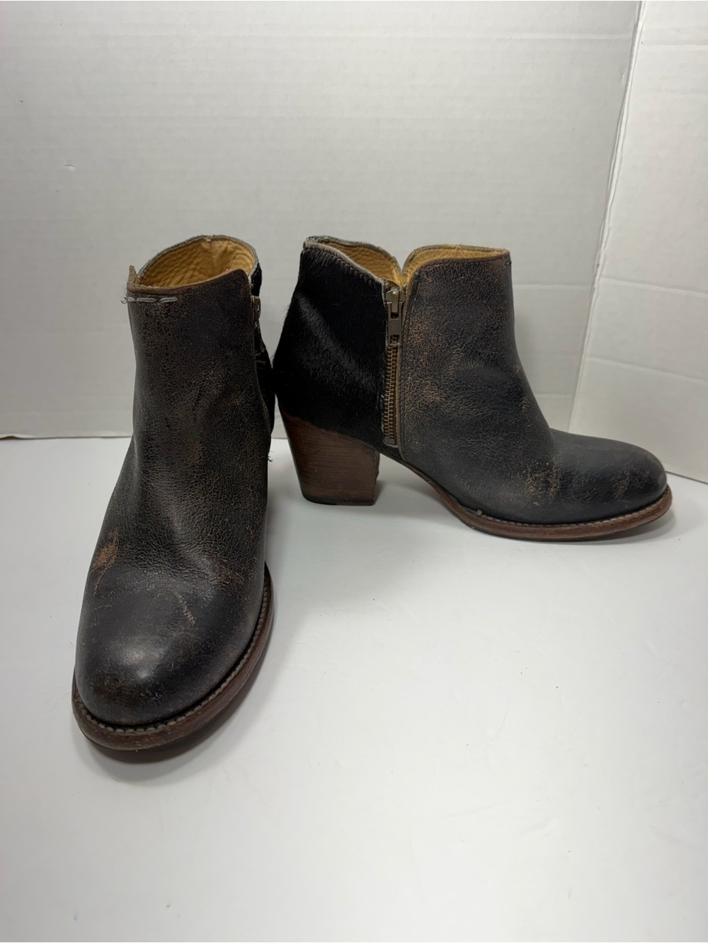 BED|STU Women's Dark Brown Leather Ankle Booties with Side Zip size 9 real fur